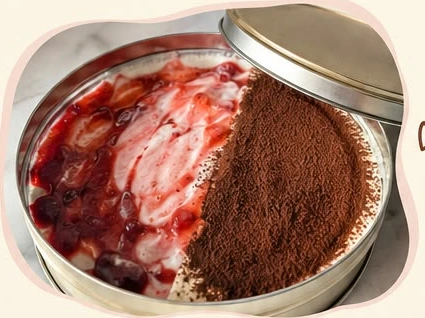 Tiramisu tin with strawberry and cocoa sides